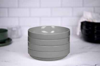 KooK Ceramic Large Pasta Bowls, Microwave and Dishwasher Safe, Great for Soups and Salads, Shallow Serving Bowls, Glossy Porcelain, 47 oz, Set of 4, Powder Grey - color: Powder Grey