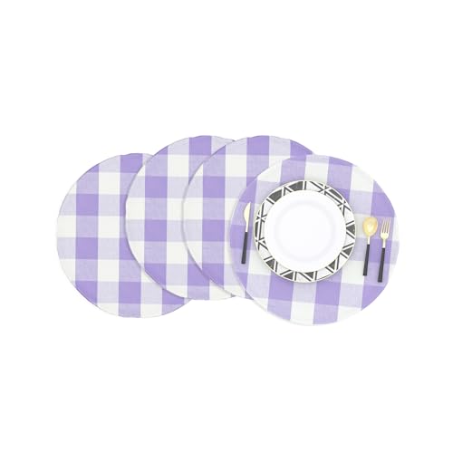 Lilac & White Round Placemat Cotton Buffalo Check Plaid Gingham 15 Inch eco-Friendly Fabric Handcrafted Machine Washable Indoor & Outdoor Tablemat Set of 4 - color: Plaids Lilac & White, size: Round Placemats 15"