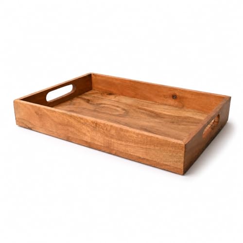 Premium Acacia Wooden Serving Tray with Handles Decorative Serving Trays Platter for Breakfast in Bed, Lunch, Dinner, Appetizers, Patio, Ottoman, Coffee Table | 14’’ x 10’’ x 2’’
