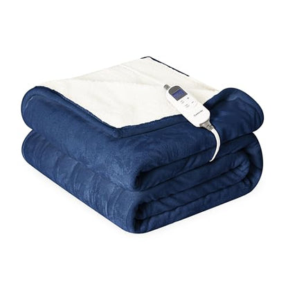 Heat Blanket 50”x60” Throw,Soft Flannel & Sherpa Reversible Electric Blanket with 10 Heat Settings,12 Timer Setting and 3 Hours Auto-Shut Off,ETL Certified Machine Washable,Dark Blue - color: Dark Blue, size: 50*60in