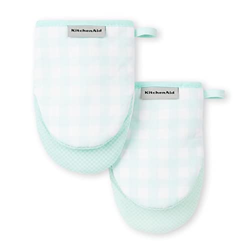 KitchenAid Gingham Mini Oven Mitt 2-Pack Set, Mineral Water, 5.5"x8" - color: Mineral Water