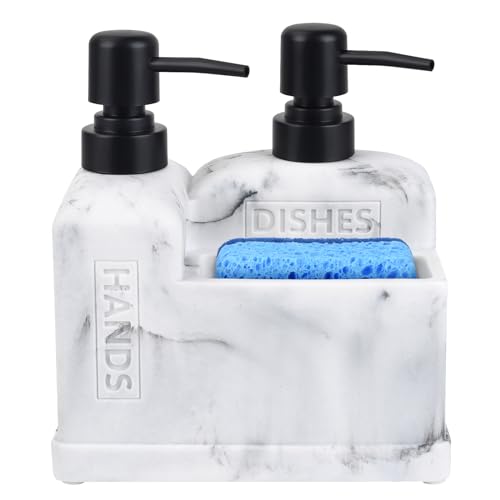Kitchen Hand Soap and Dish Soap Dispenser Set,Dual Soap Dispenser with Sponge Holder 3-in-1 Organizer for Kitchen Sink,Bathroom,Useful Kitchen Gadgets - White Marble Look - color: 3 in 1 - White Marble Look