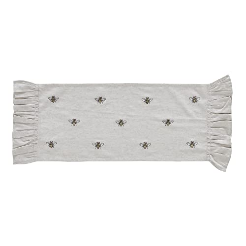 VHC Brands Embroidered Bee, Farmhouse Table Runner, Ruffled, Rectangle, Yellow Grey, 13x36 - size: 13x36