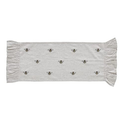 VHC Brands Embroidered Bee, Farmhouse Table Runner, Ruffled, Rectangle, Yellow Grey, 13x36 - size: 13x36