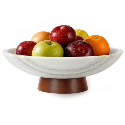 Marble Decorative Bowl, 11” Large Centerpiece for Table, Fruit Bowl for Kitchen Counter, Coffee Table or Entryway Decor, Natural Marble with Wood Base, Housewarming Gift - Gray - color: Gray