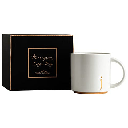 COLLECTIVE HOME Ceramic Coffee Mug, 15 oz Monogram Cup with Gift Box(j) | Dishwasher Safe, Engraved Gold Letter , Personalized Housewarming Birthday Present, Christmas Thanksgiving Mothers Day Gifts - color: gold-j