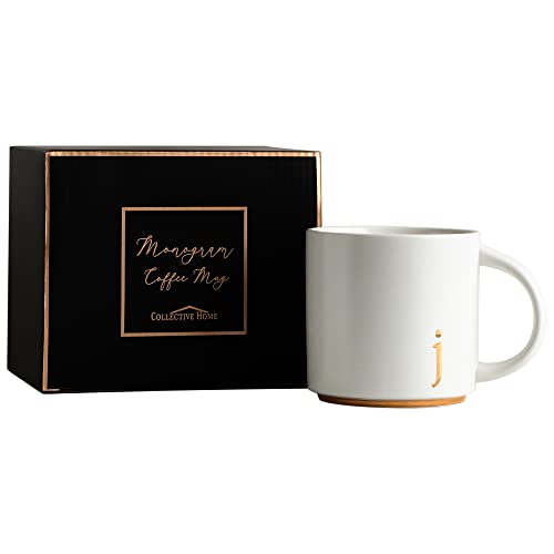 COLLECTIVE HOME Ceramic Coffee Mug, 15 oz Monogram Cup with Gift Box(j) | Dishwasher Safe, Engraved Gold Letter , Personalized Housewarming Birthday Present, Christmas Thanksgiving Mothers Day Gifts - color: gold-j