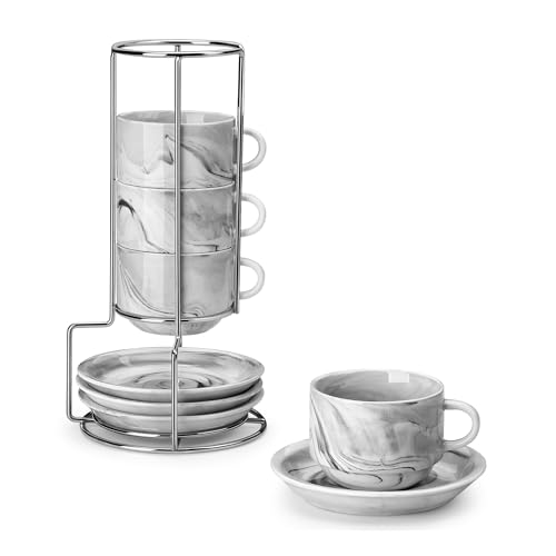 MALACASA 4 OZ Porcelain Espresso Cups with Saucers and Metal Stand Set of 4, Stackable Cappuccino Cups, Marble Gray Expresso Shots Cup Set for Coffee Drinks, Latte, Tea - color: Marble Gray, size: 4 Oz
