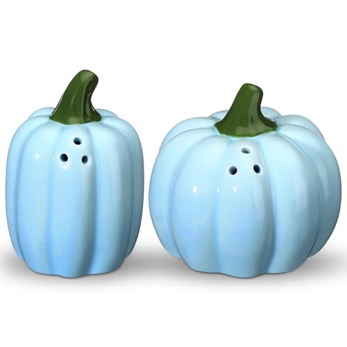 2 Pcs 3 Inch Blue Ceramic Salt and Pepper Shakers Set for Halloween Autumn Thanksgiving Harvest Home Table Kitchen Decorations - color: Blue, style: Fall Pumpkin
