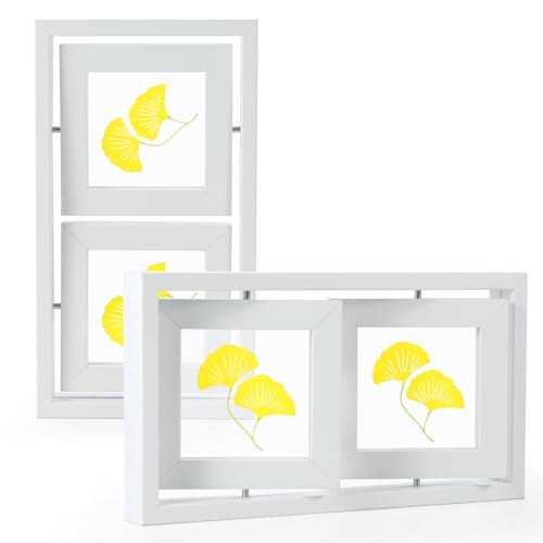 2 Pack Double 4x4 Rotating Floating Picture Frames, White Wood Floating Photo Frame Double-Sided Display with Crystal Glass for Tabletop, Desk or Shelf - color: White, size: 4x4
