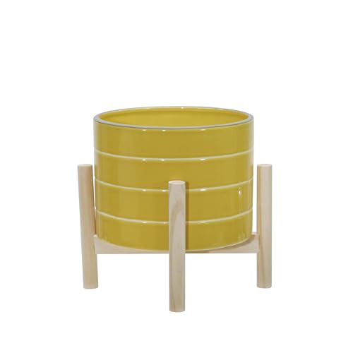 Sagebrook Home 8" Ceramic Striped Planter with Pine Stand - color: Striped Mustard Yellow, size: 8 Inch