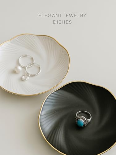 Black Ceramic Jewelry Tray with Gold Edge, 5 Inch Modern Trinket Dish for Rings & Earrings, Minimal Vanity Organizer - color: Black_round