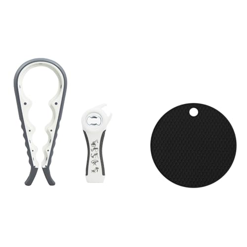 3 Piece Jar Opener Labor Saving Tool Set For Seniors Arthritis Weak Hands | Lever eases arthritic wrist strain dual honeycomb silicone mat heat trivet compact dishwasher safe gift for elderly seniors - color: white and grey