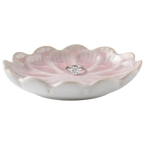 Lotus Ceramic Jewelry Tray, Small Trinket Jewelry Ring Holder Organizing Dish, for Parents Daughter Friends Sister, Birthday Gifts for Women, Retro Blue & Pink - color: Retro Blue & Pink