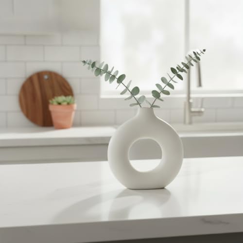 Ceramic Donut Vase, White Sculptural Ring Centerpiece for Shelf Mantel Desk Display (1 PC) - size: 7.28 x 2.17 x 7.48 in