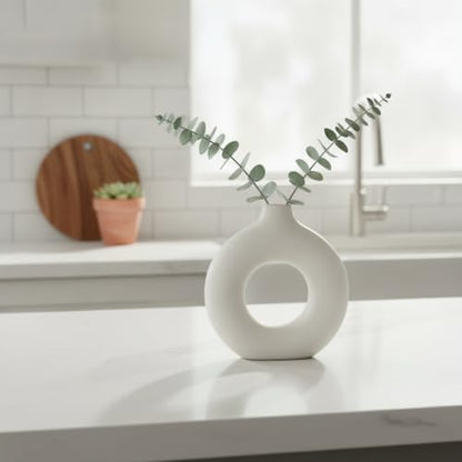 Ceramic Donut Vase, White Sculptural Ring Centerpiece for Shelf Mantel Desk Display (1 PC) - size: 7.28 x 2.17 x 7.48 in