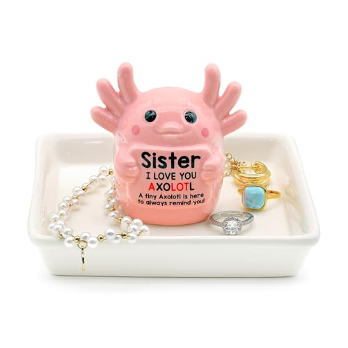 Sister Birthday Gifts for Sister, Pink Ceramic Axolotl Ring Holder Dish | Cute Pink Axolotl Jewlery Tray with 'I love you axolotl' Birthday Christmas Gift for Sister from Brother - style: Axolotl Sister