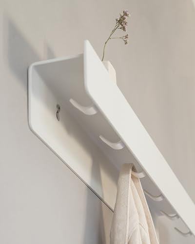 Kazai. Coat Rack Wall Mount 'Kian' | Modern Coat Rack with Hidden Hooks and Shelf | Designer Metal Wall Mounted Clothes Hook | Heavy Duty Entryway Wall Hanger | White - size: 6 Hooks