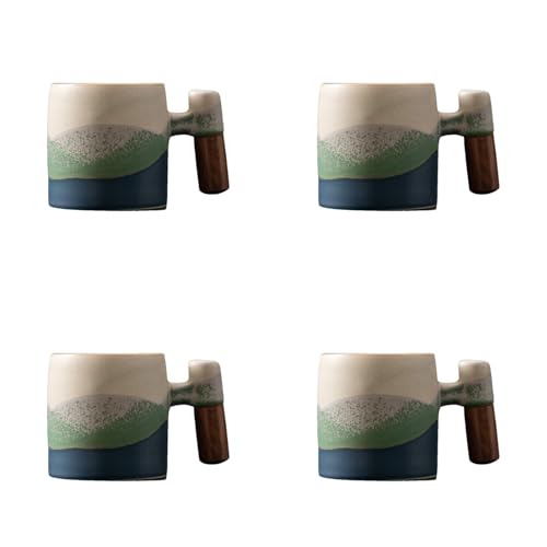 2-Oz Ceramic Espresso Cups with Wood Handle, 2/4-Piece Set for Coffee, Tea, Latte - Dishwasher Safe, Multi-Color & Wood Styles, Gift & Café Use (Kiln turning blue, Wooden Handle4) - color: Kiln turning blue, size: Wooden Handle4