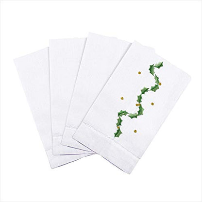 Saro Lifestyle Holly Leaf Garland Embroidery Christmas Hemstitched Linen Cotton Guest Towel (Set of 4), White, 14"x22" - color: Holly Leaf Garland
