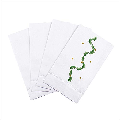 Saro Lifestyle Holly Leaf Garland Embroidery Christmas Hemstitched Linen Cotton Guest Towel (Set of 4), White, 14"x22" - color: Holly Leaf Garland