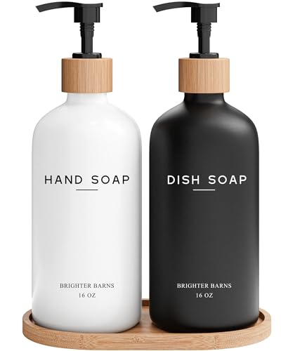 Luxury Glass Hand and Dish Soap Dispenser Set by Brighter Barns - Kitchen Soap Dispenser Set with Tray - Bamboo Pump Bottle for Kitchen Sink - Boho Home Decor, Modern Decor in Restaurant (Black/White) - color: Black White Hd