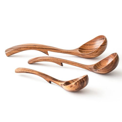Gudamaye 3 Size Wooden Soup Ladles Set,3 Hooks for Bowl,Pot. Natural Teak Wooden Ladle,10.6 inch Big Soup Ladle, 9 inch Serving Spoon & 8 inch Wood Ladles for Cooking,Teak Deep Ladle Spoons - style: 3 PCS Teak Ladle