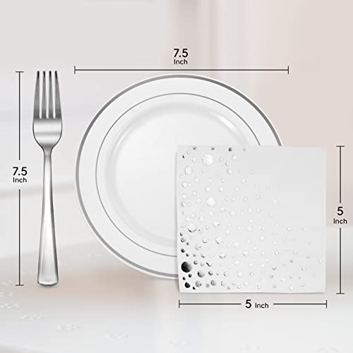 Silver Dessert Plates Set, 100 Wedding Plates, Forks and Napkins, 7.5 Inch | Sturdy plastic, cake service, appetizer tables, salad course, weddings, birthdays, easy cleanup - color: Silver, style: Plates,Forks and Napkins