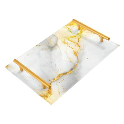 White Gold Marble Texture Acrylic Vanity Tray with Handles Non-Slip Decorative Bathroom Tray Jewelry Perfume Makeup Organizer for Dresser Kitchen Counter, 7.87 x 11.81 in