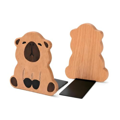 2-Pack Capybara Beech Bookends, 4.9x4.4in | Solid Wood, Natural Grain, Non-Slip Base, Ready to Use, for Shelves/Desk/Kids Room - color: Capybara