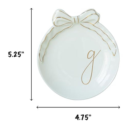 COLLECTIVE HOME Ceramic Jewelry Tray, Monogram Trinket Dish with Bow (G) | Mothers Day Graduation Christmas Birthday Gifts for Women, Bridesmaid Proposal Gifts, Features Real Gold Trim & Gift Box - color: G