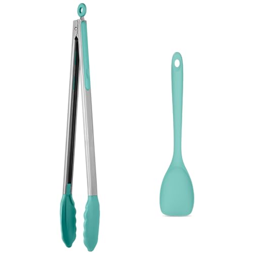 U-Taste 600ºF High Heat 16in Silicone Kitchen Tong and 600ºF Heat Resistat Spatula Spoon Flexible Silicone Cooking Scoop Spoonula (Aqua Sky)