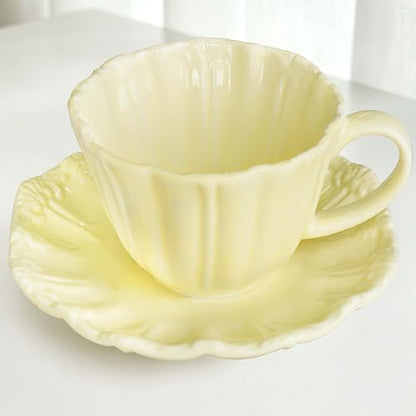 8oz Tea Cups and Saucers, Ceramic Latte Cup,Relief Cappuccino Cup and Saucer Set, Elegant Porcelain Tea Cups, Espresso Cup Set Dishwasher & Microwave Safe,Yellow - color: Yellow