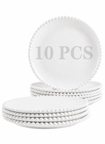 7.5" White Porcelain Beaded Appetizer Plates Set of 10 | Round Shape,Ceramic,Small Dinner Serving Dishes, for Dessert, Snack, Ice Cream, Waffles, Microwave, Dishwasher, Oven Safe - size: 7.5 Inch - 10P