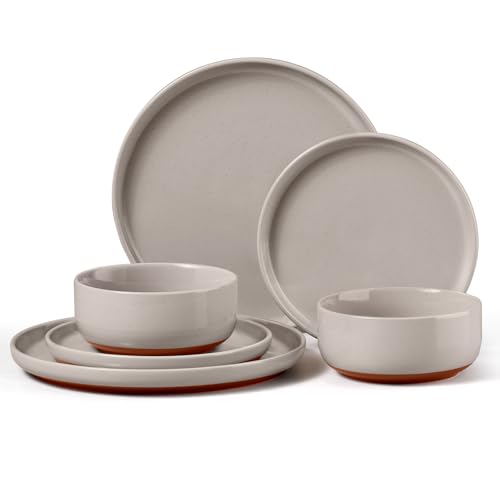 E-far 6-Piece Ceramic Dinnerware Sets, Plates and Bowls Sets for 2, Stoneware Dishware Dishes Set with Terracotta Base, Chip & Scratch Resistant, Microwave & Dishwasher Safe, Speckled Khaki - color: Warm Taupe, size: Service for 2