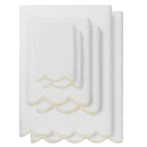 Grace Scallop Personalized Towel Set, Beige 6 Piece Custom Towel Collection, Monogrammed Towels in Soft Turkish Cotton for Elegant Bathroom Decor-Beige-6 Pcs Set - color: Beige, size: 6 Pcs Set