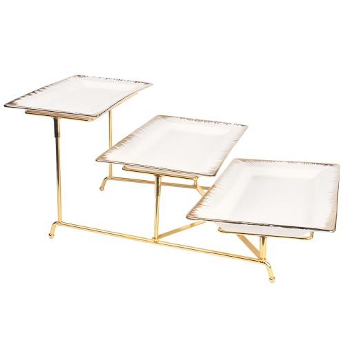 3-Tier Serving Rack with Ceramic Serving Tray, Foldable Gold Stand with 3 Pieces 10.2"/11.8"/13.8" Gold Rim Large Plates for Food Display, Fruit, Dessert Server Display and Entertaining - color: 3-tier 10.2"/11.8"/13.8" Serving Rack