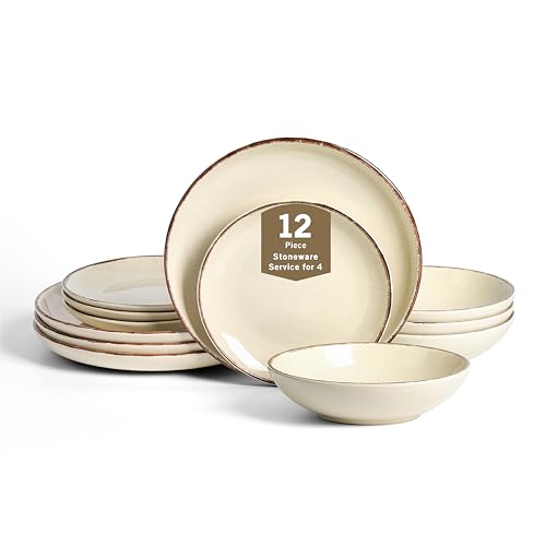 Earth and Clay Heath 12-Piece Dinnerware Set Stoneware, Plates and Bowls Set, Dishwasher and Microwave Safe, Dish Set for 4, Coffee - color: Coffee, size: 12-Piece - Service for 4