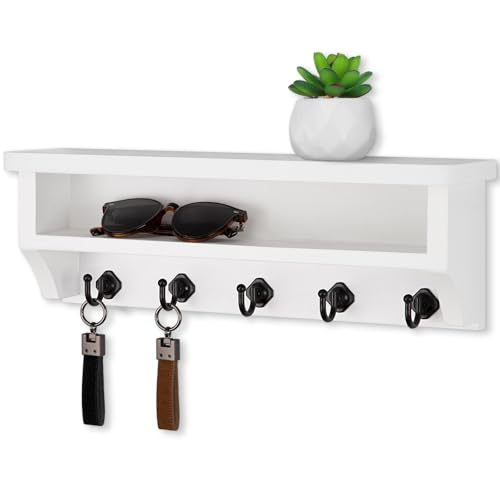 Nekon Key Holder Wall Mount, Wall Organizer Shelf with 5 Key Hooks | Wall Mounted Key Rack Room Decor for Home and Apartment Essentials - color: White