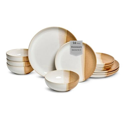 Sango 12 Pieces Stoneware Dinnerware Set, Glossy Caramel & Cream Dishes for 4, Premium Plates and Bowls Sets, Chip & Scratch Resistant, Ceramic Kitchen Dish Set, Microwave & Dishwasher Safe, Phoebe - color: Caramel, size: 12-Piece Set