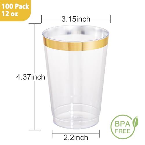 I00000 100 Pack 12 oz Gold Plastic Cups, Premium Gold Rimmed Plastic Cups | Heavy Duty, Everyday Use, BPA-Free, Bulk Catering, Wine Glasses, Cocktail Glasses, Gold Cups Perfect for Party & Wedding - color: 12-Gold-100