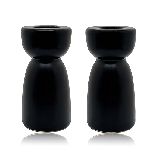 Candlestick Holders, Ceramic Black Taper Candle Holder Candlelight Stand Candleholder, Modern Boho Candle Holders for Desktop Table Setting Dining Bathroom Halloween Home Decoration,2 Pack - color: Black