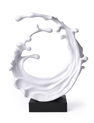 Abstract Sculpture Ocean Wave Statue Modern Home Decor 16.5 Inch | Gloss White Resin Figurine with Black Base Handmade Gift Table Centerpiece Art for Living Room Bedroom Office - color: White