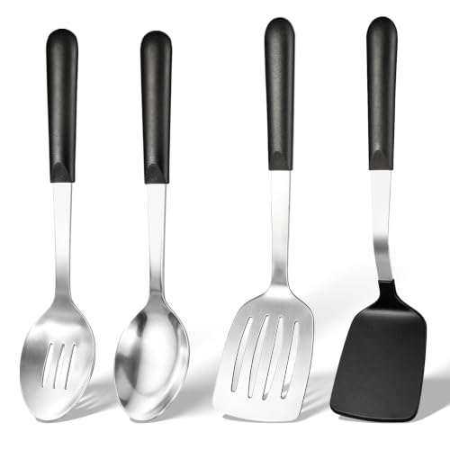4 Pcs Cooking Utensils Set, Stainless Steel Kitchen Utensils, Heat Resistant Metal Kitchen Tools Include Solid, Slotted Turner, Serving Spoon, Non-Stick Wok Spatula, Dishwasher Safe, Silver