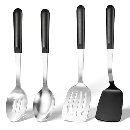 4 Pcs Cooking Utensils Set, Stainless Steel Kitchen Utensils, Heat Resistant Metal Kitchen Tools Include Solid, Slotted Turner, Serving Spoon, Non-Stick Wok Spatula, Dishwasher Safe, Silver