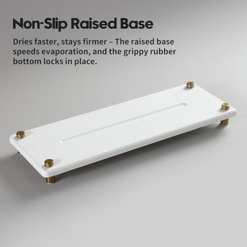 White Gold Dish Drying Rack Tray, Water Absorbing Stone Sink Caddy Kitchen Sink Organizer, Diatomite Bathroom Counter Faucet Mat Coaster, Soap Riser Dispenser Sponge Holder, White 12.5" x 4.5" - color: 12.5"x 4.5" - White - Gold