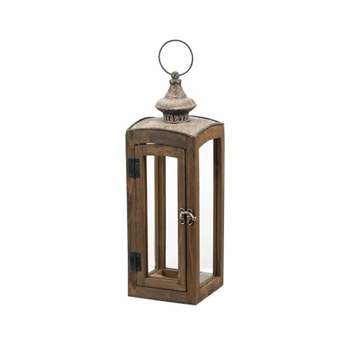 5"x15" Wooden Dome Lantern Made of Solid Fir Wood and Real Glass in Rustic Brown Finish with Rustic Metal Top, Hurricane Lantern, Farmhouse (5“x5) - color: Brown, size: 5“x5"