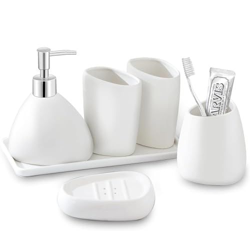 Ceramic Bathroom Accessory Set with Ceramic Tray, 6 Pieces Bathroom Countertop Accessory Set, Include Soap Dispenser, Toothbrush Holder, 2 Tumbler, Soap Dish, Vanity Tray,White - color: A-white * 6 Pieces