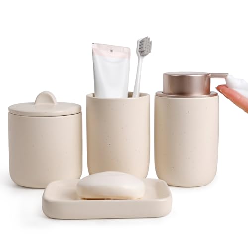 BosilunLife Apricot Ceramic Bathroom Accessories Set of 4 | Bathroom Decor Sets Accessories Bathroom Foam Soap Dispenser and Toothbrush Holder Set, Soap Dish, Apothecary Jars.(Foam) - color: Smooth-apricot-foam