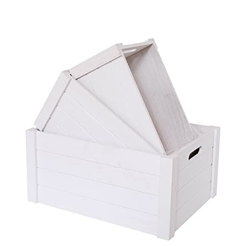 Farmhouse Modern White Wooden Crates For Storage | Rustic Decorative Boxes,Set Of 3 Large Nesting Wooden Storage Crates For Home Decor,Handmade Natural Solid Wood Box - color: Morden White